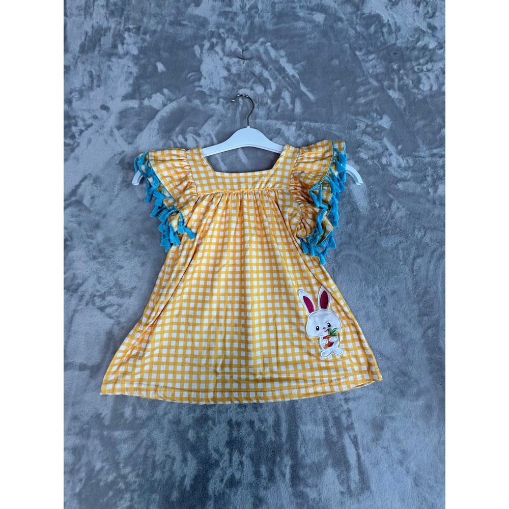 Girls XS Yellow Gingham Dress Bunny Applique Tassel Sleeves Spring Easter 3T